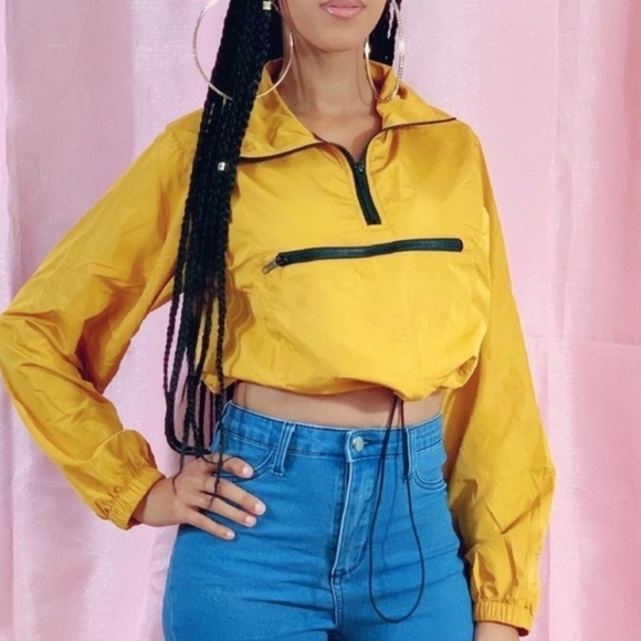 Love Tree Yellow Gold Cropped Wind Breaker Jacket size M Half Zip Lightweight - Picture 1 of 11